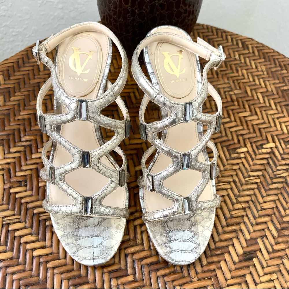 Vero Cuoio Leather Silver Python Snakeskin Metallic Strappy Heel